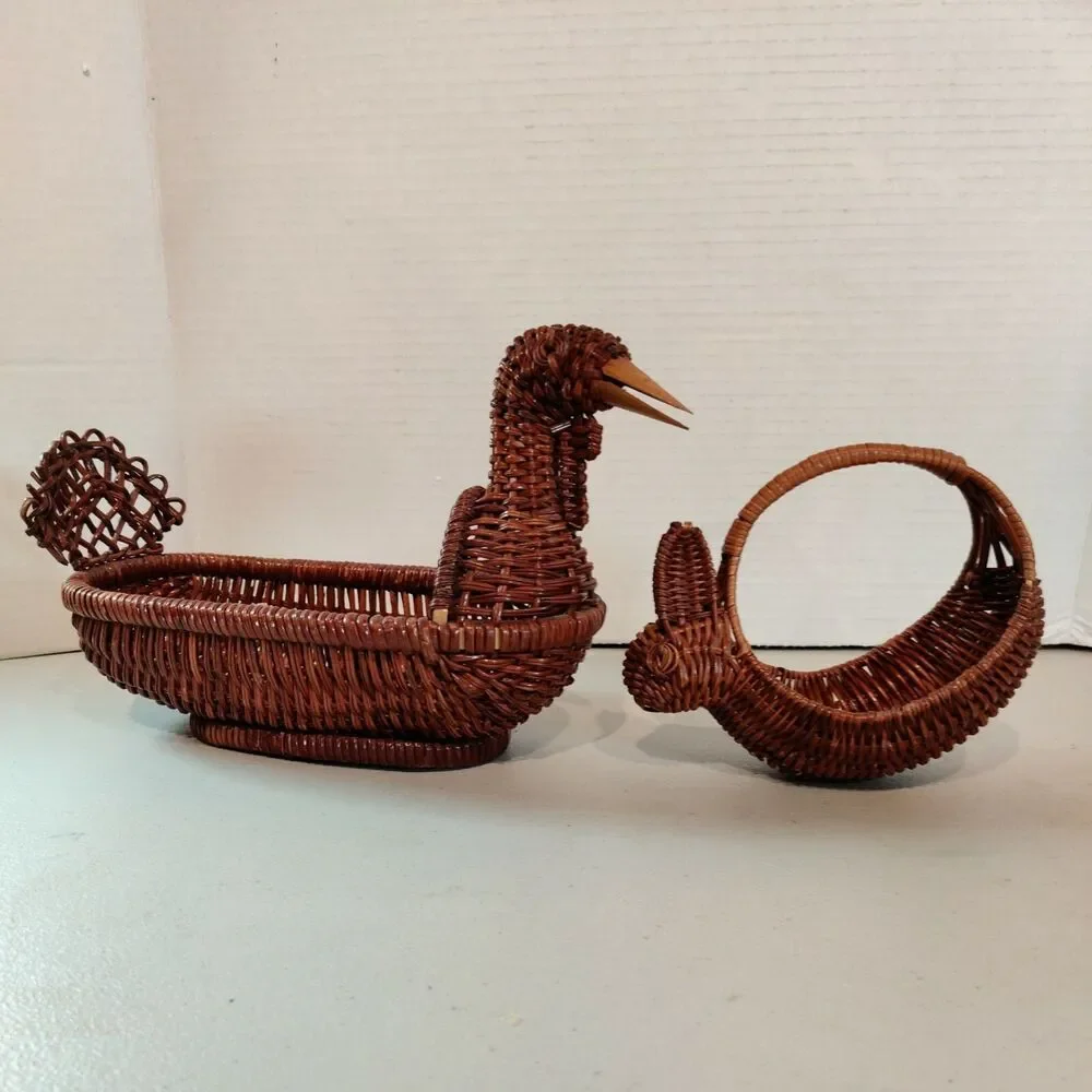 (2) VTG Rattan Wicker Woven Duck Turkey Goose Basket Wooden Beak & Small Rabbit